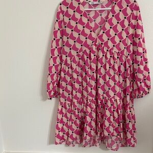 Zara Pink Geometric Tiered Dress with Black Accents